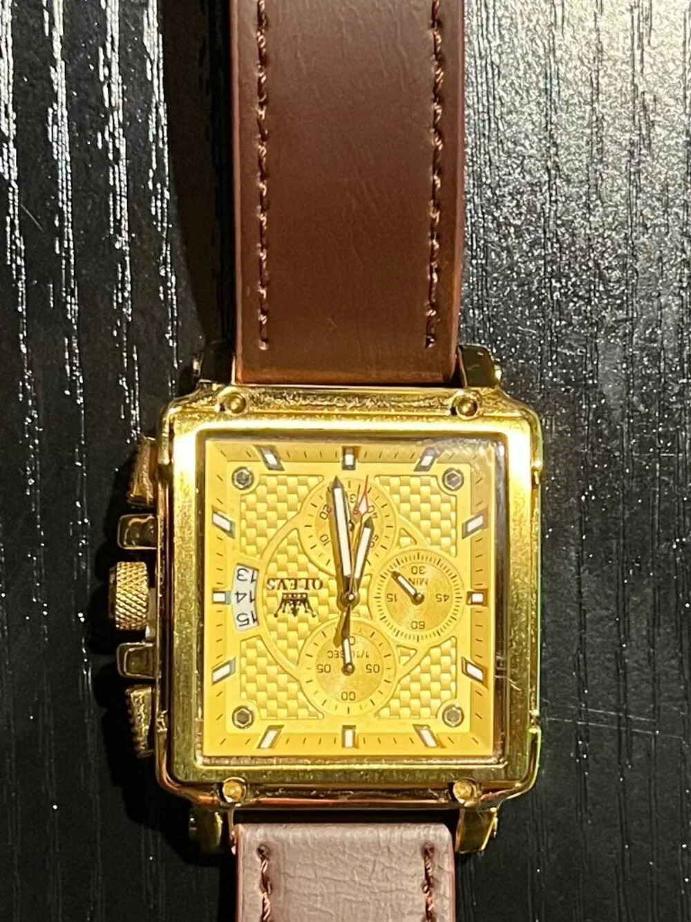 OLEVS Men's Gold Tone Square Chronograph Watch Brown Leather Band Date Display